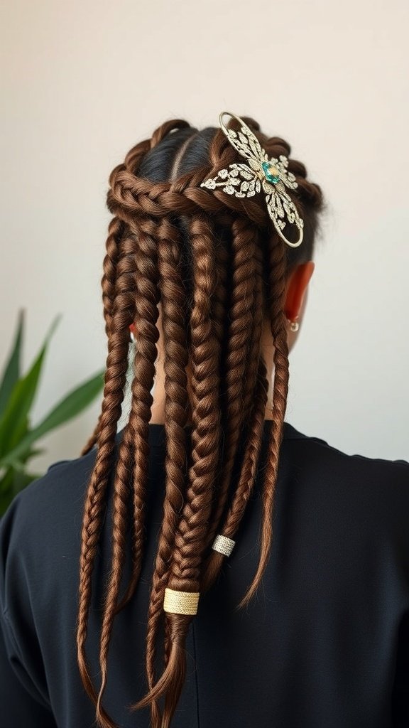 A close-up view of knotless braids styled with a decorative butterfly hairpiece.