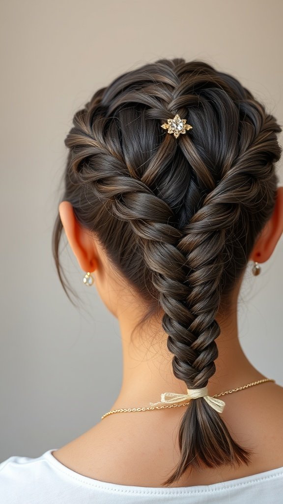 A close-up view of a woman's back hairstyle featuring knotless braids styled with a decorative hairpin.