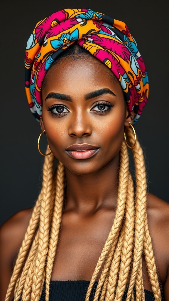 A woman with blonde knotless braids wearing a colorful head wrap, showcasing a stylish and vibrant look.