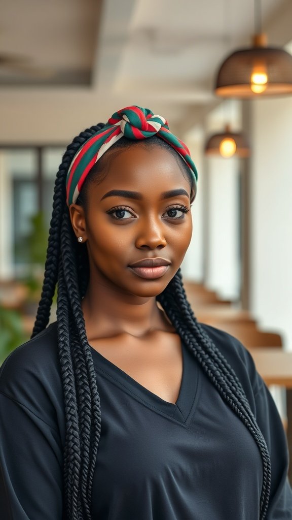 A woman with knotless braids wearing a colorful headband, showcasing a stylish hairstyle.