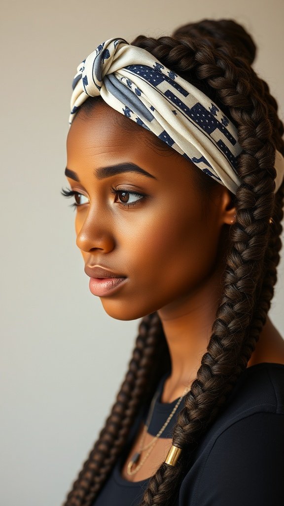 A woman with knotless braids wearing a stylish headband.