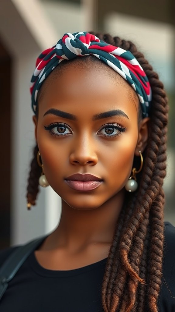 A person with knotless braids and a colorful headband, showcasing a stylish hairstyle.