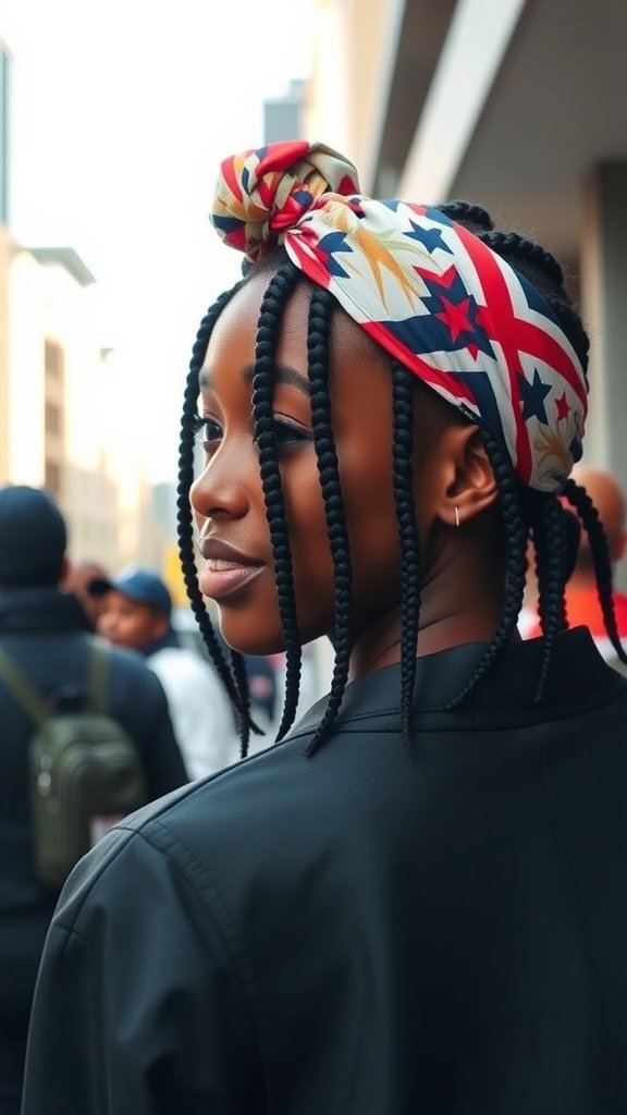 A woman with knotless box braids wearing a colorful headband, smiling confidently.