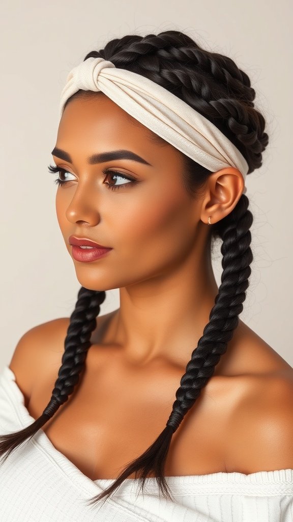 A woman with knotless braids and a cream-colored headband, showcasing a stylish hairstyle.