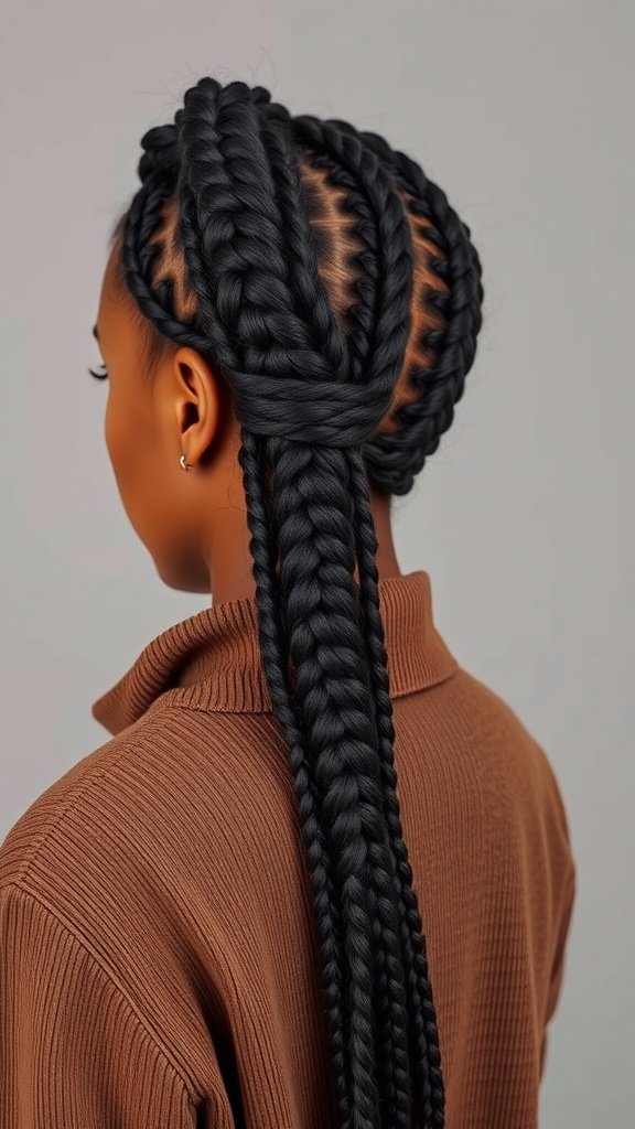 A woman with knotless box braids styled with a headband braid, showcasing a sleek and elegant look.