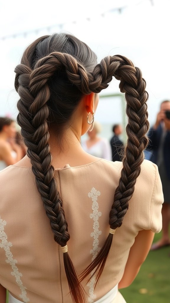 A woman with heart-shaped knotless braids, showcasing a unique and playful hairstyle.