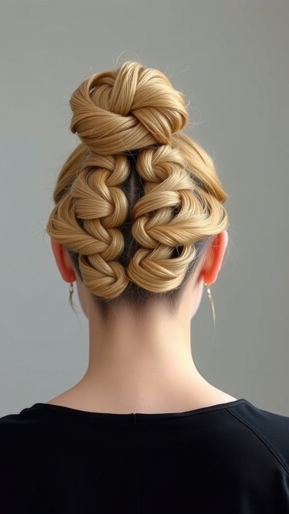 A woman with knotless braids styled into a high bun, showcasing a neat and elegant hairstyle.