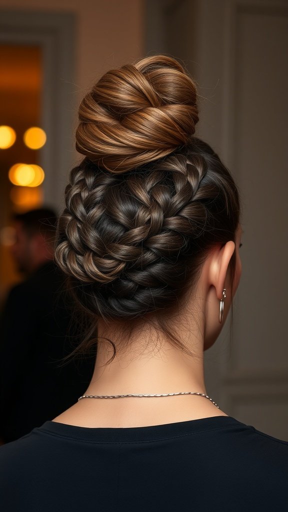 A stylish high bun created with knotless braids, showcasing a polished and elegant hairstyle.