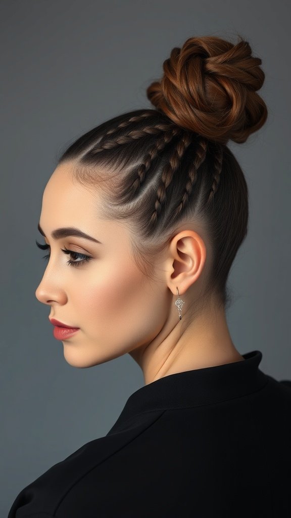 A woman with knotless braids styled in a high bun, showcasing an elegant hairstyle.
