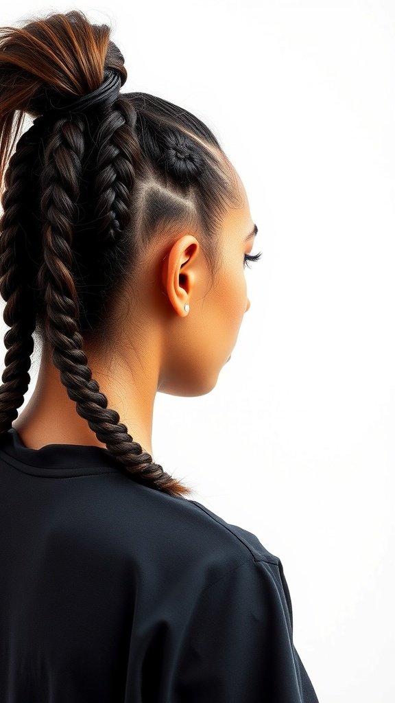 A woman with knotless braids styled in a high ponytail, showcasing a trendy and elegant look.