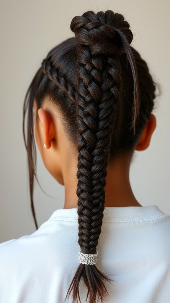 A high ponytail featuring knotless braids, showcasing a sleek and stylish hairstyle.