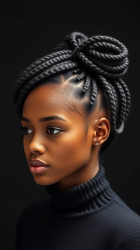 A woman with knotless braids styled in a high puff, showcasing a trendy hairstyle.