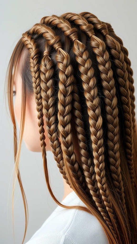 A close-up of a person with knotless braids styled in a layered effect.