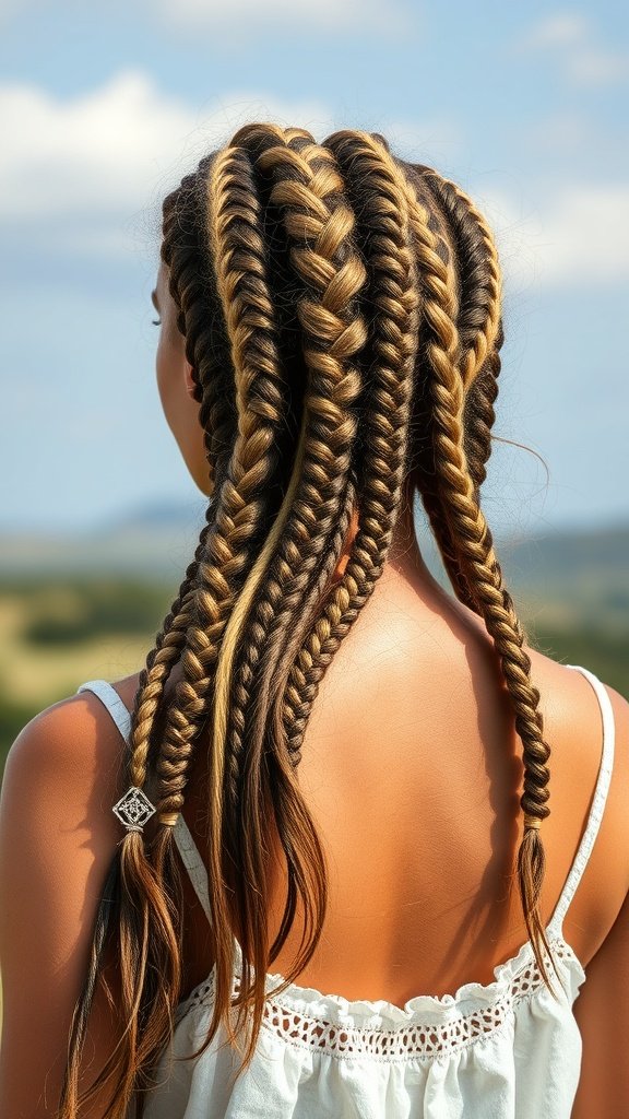 A woman with layered knotless braids in dark and light tones, showcasing a stylish hairstyle.