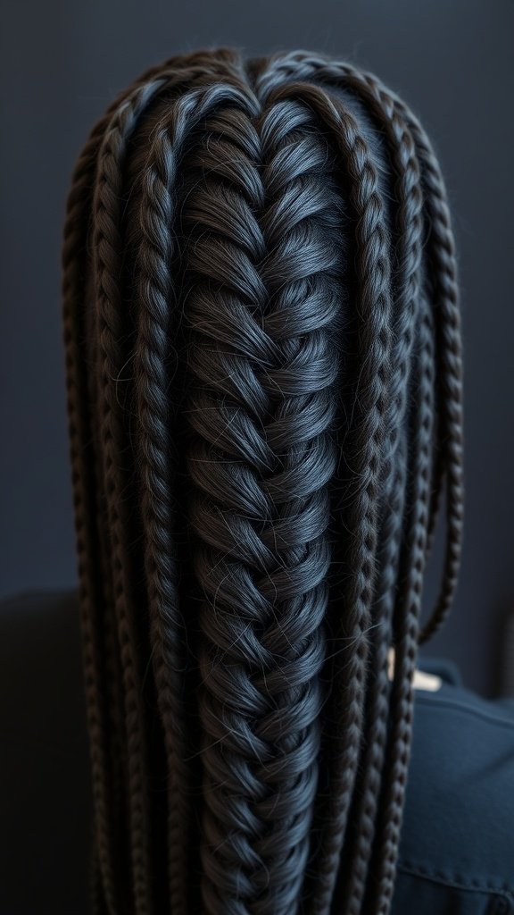 Close-up of knotless braids with a layered effect, showcasing intricate patterns and smooth texture.
