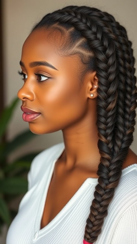 A woman with knotless braids styled in a layered effect, showcasing a neat and dynamic hairstyle.