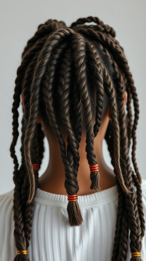 A back view of a person with layered knotless braids, featuring colorful hair ties.