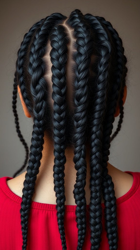 Back view of a person with layered knotless braids, showcasing a neat and stylish hairstyle.