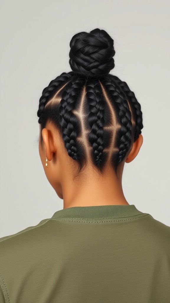A woman with knotless box braids styled in a loose bun at the top of her head.