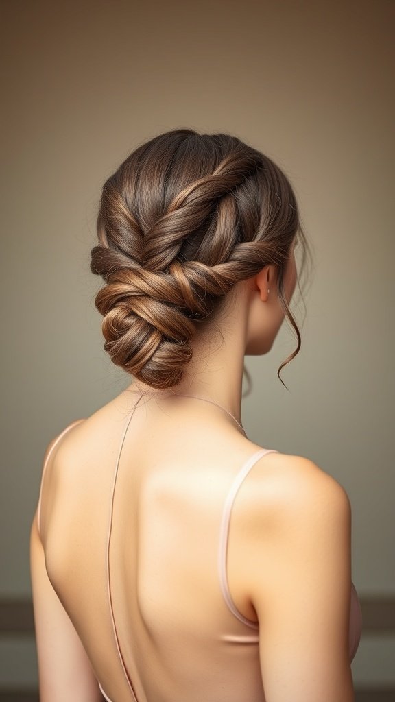 A woman with knotless braids styled in a low bun, showcasing a polished and elegant look.