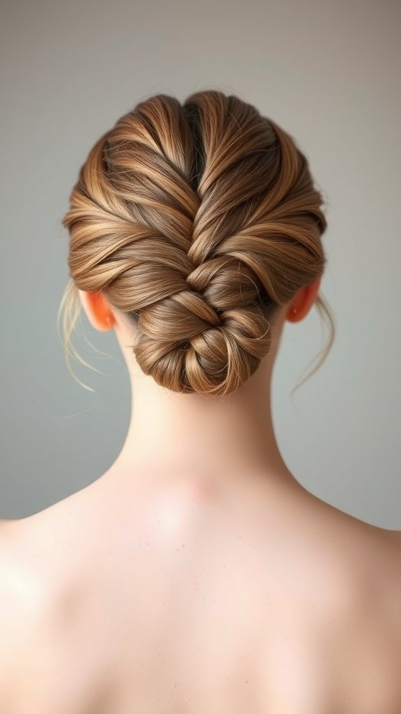 A woman with knotless braids styled into a low bun, showcasing a neat and elegant hairstyle.