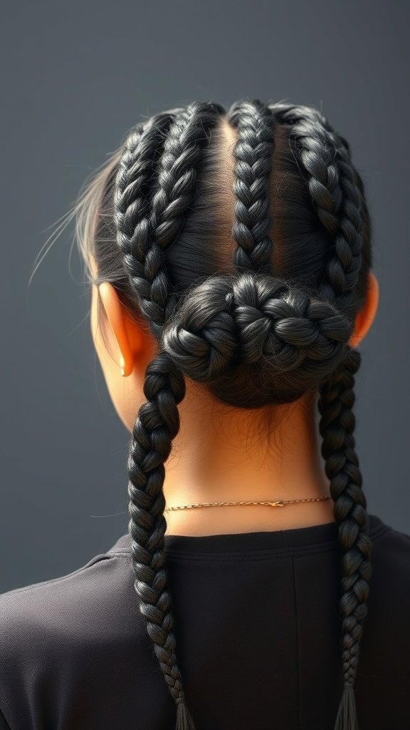 A woman with knotless braids styled in a low bun, showcasing a neat and elegant hairstyle.