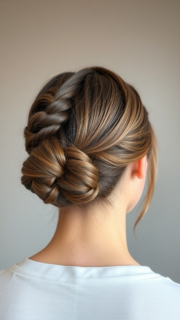 A woman with knotless braids styled in a low bun, showcasing a neat and elegant hairstyle.