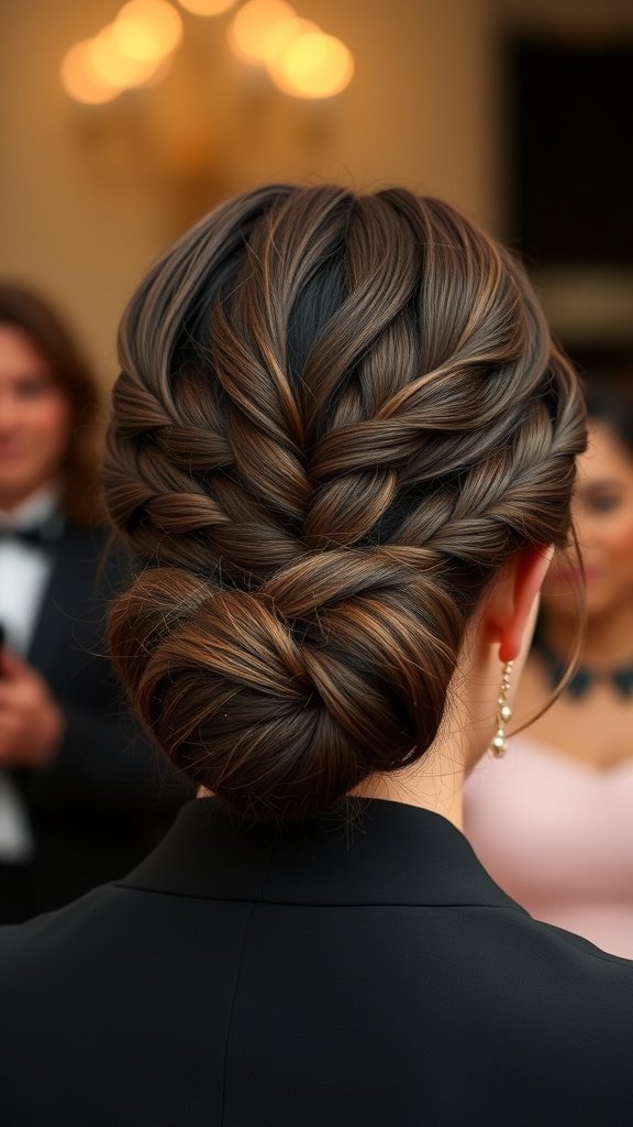 A close-up view of a woman's hair styled in knotless braids leading into a low bun, showcasing a neat and elegant appearance.