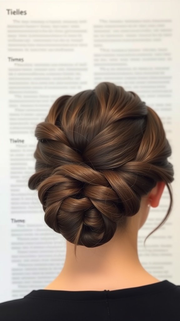 A close-up view of a low bun hairstyle created with knotless braids, showcasing smooth and shiny hair.