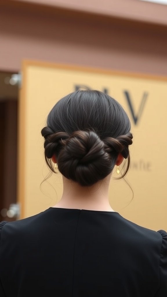 A woman with knotless braids styled into a low chignon, showcasing a chic and elegant hairstyle.