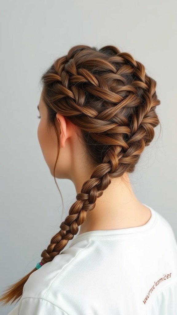 A woman with knotless braids styled into a low ponytail.