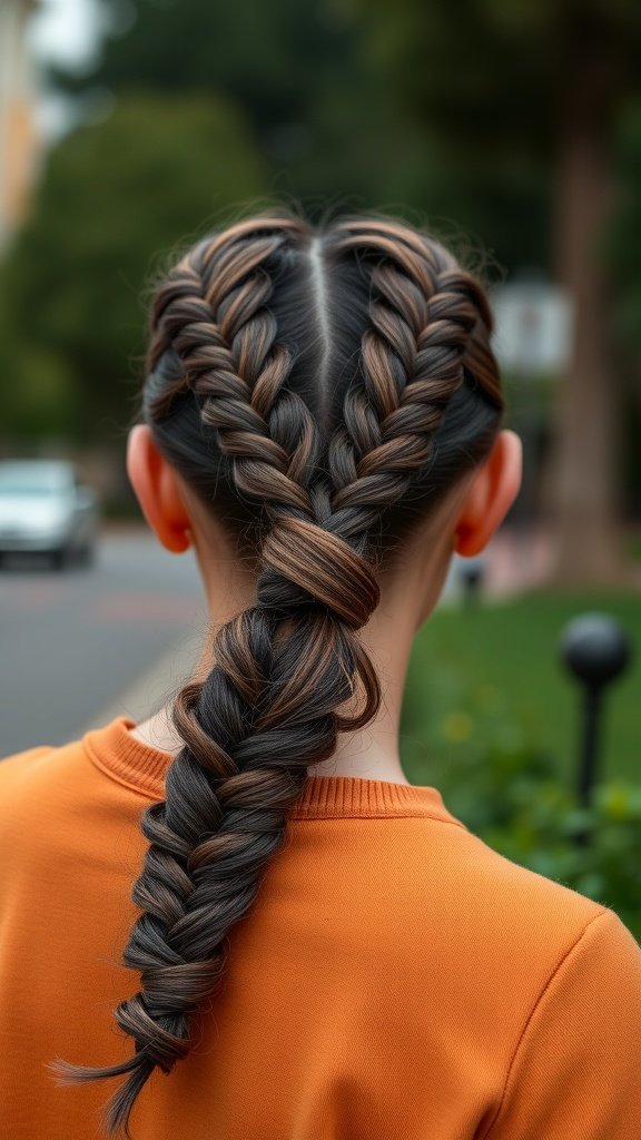 A woman with knotless braids styled in a low ponytail, showcasing a neat and elegant hairstyle.