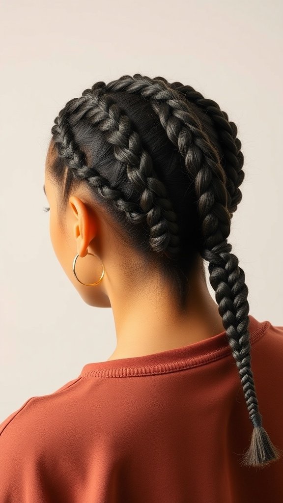 A woman with knotless braids styled in a low ponytail, showcasing a neat and elegant hairstyle.