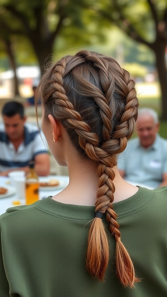 A close-up view of a person with knotless braids styled in a low ponytail, showcasing a neat and colorful hairstyle.