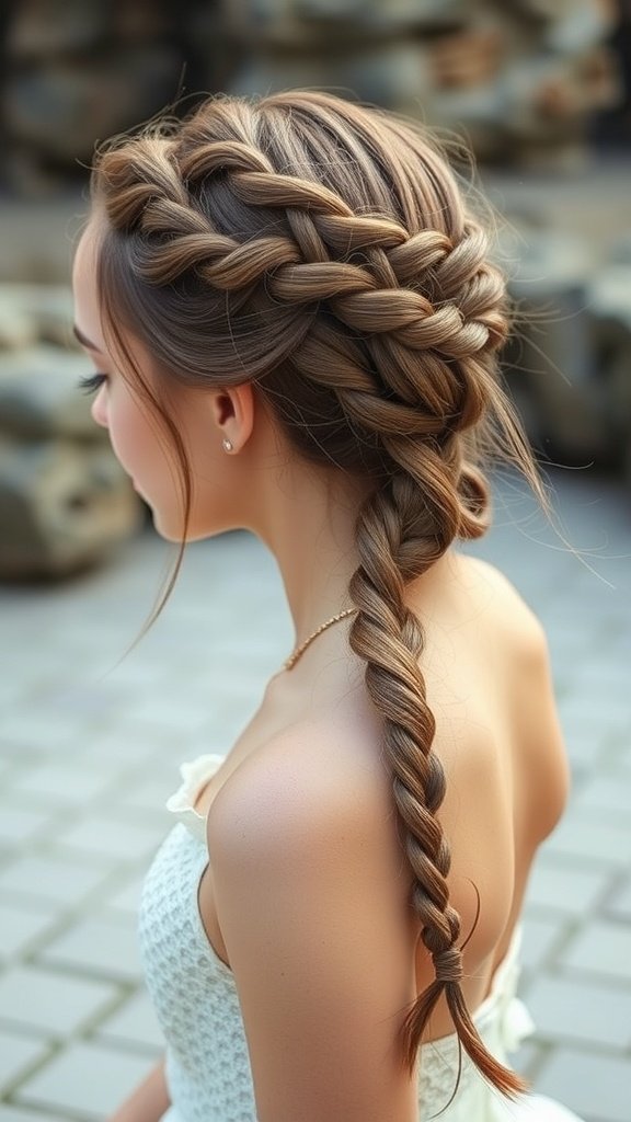 A woman with knotless braids styled in a mermaid twist, showcasing an elegant and playful hairstyle.