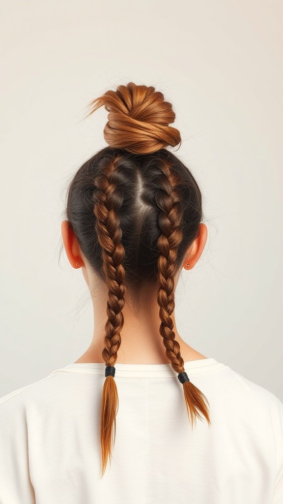 A person with knotless braids styled into a messy bun.