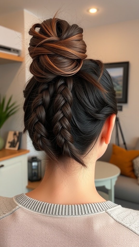 A woman with knotless braids styled into a messy bun, showcasing a trendy hairstyle.