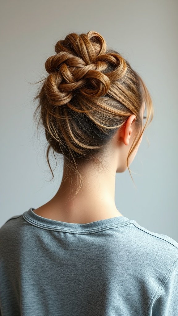 A woman with a stylish messy bun featuring knotless braids.