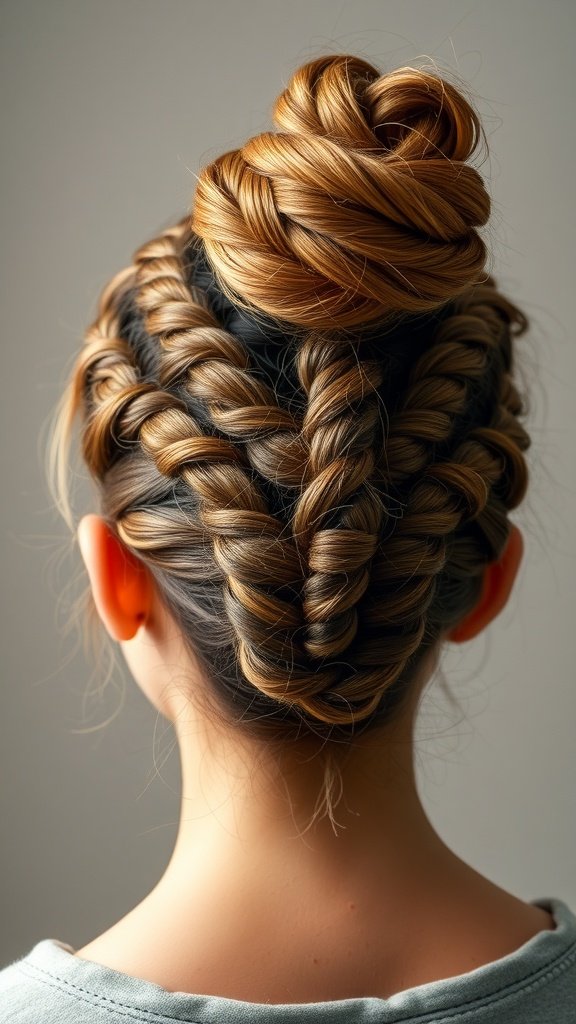 A back view of a person with knotless braids styled into a messy bun.