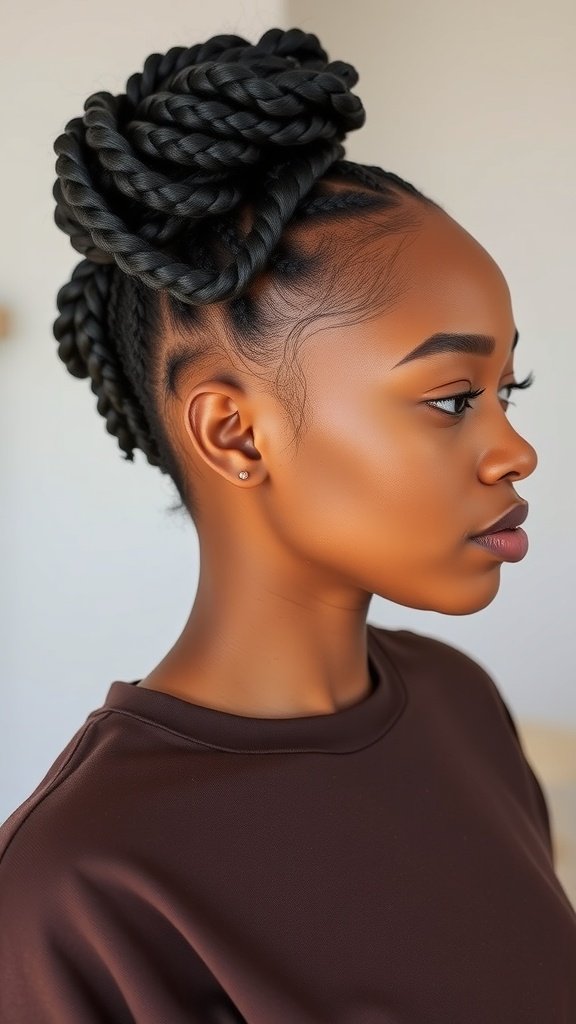 A woman with knotless box braids styled in a messy bun, showcasing a chic and effortless hairstyle.