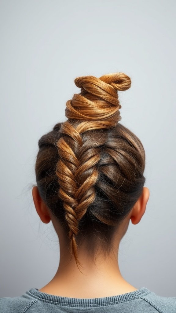 A stylish messy bun created with knotless braids.
