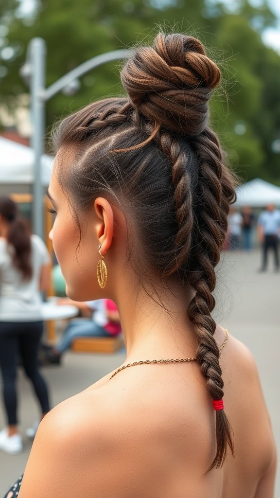 A woman with knotless braids styled in a messy updo, featuring a single braid and a red hair tie.