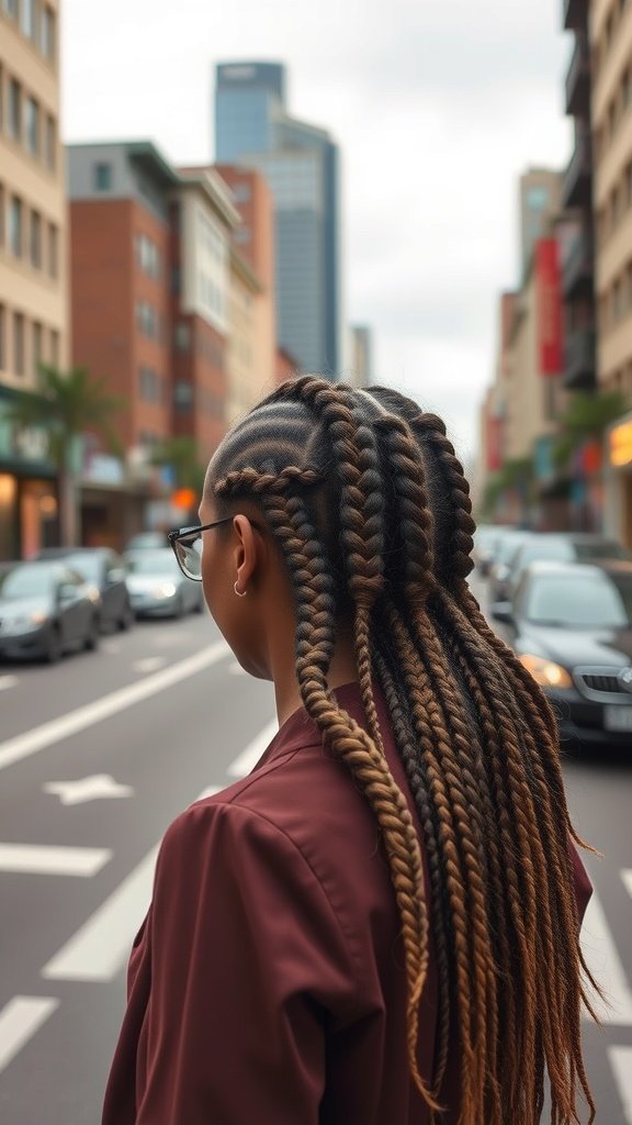 A person with large knotless braids walking in an urban setting, showcasing a modern hairstyle.