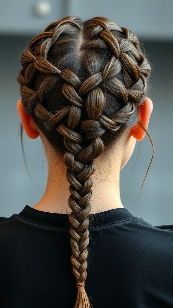 A close-up view of a person with knotless braids styled in a heart shape, showcasing a modern and playful hairstyle.