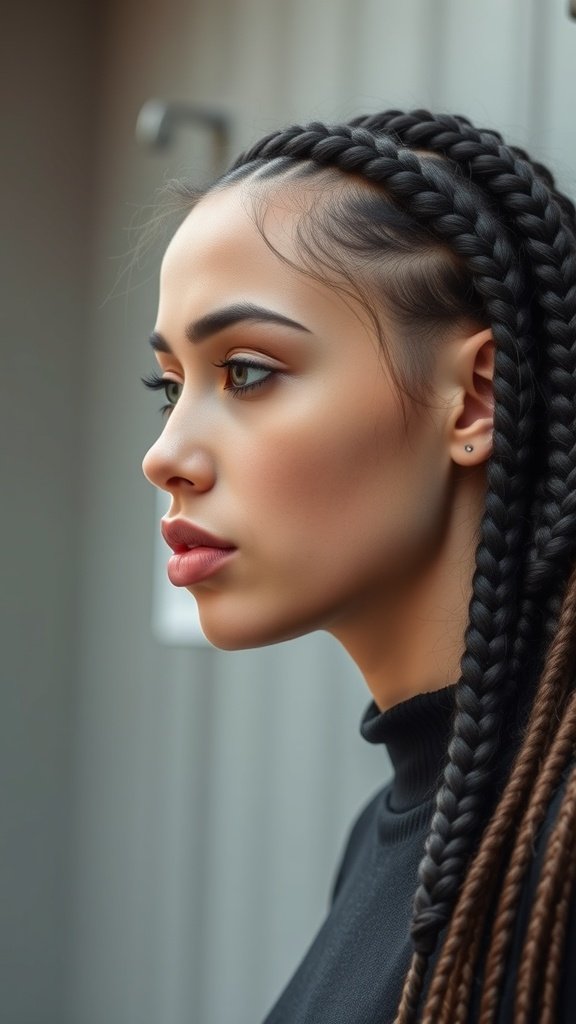 A profile view of a woman with knotless braids, showcasing a modern hairstyle.