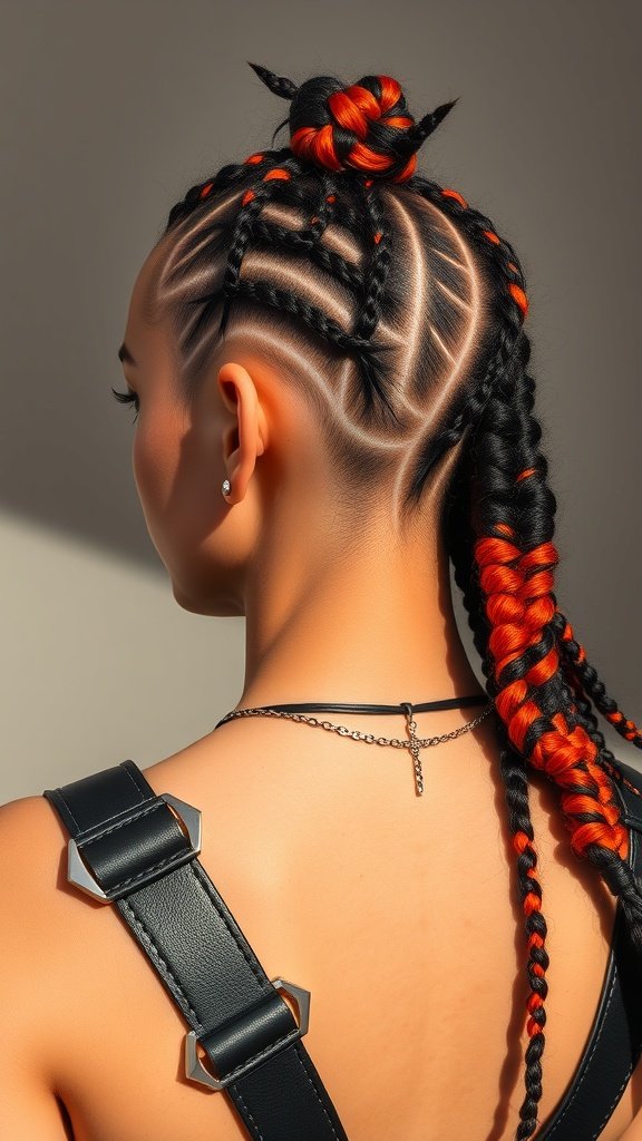 A close-up of a person's back showcasing intricate knotless braids with red accents and geometric patterns.