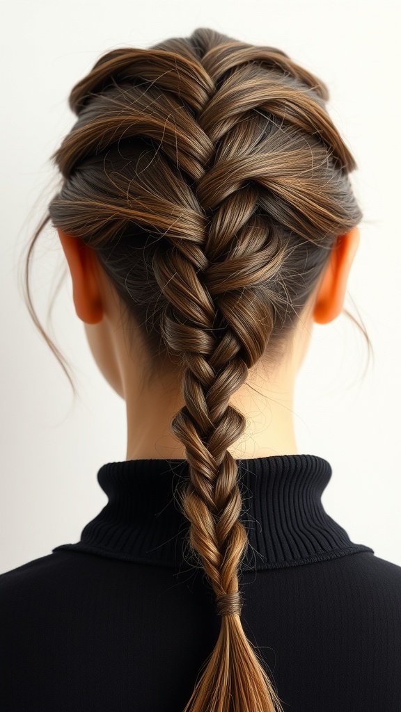 A close-up view of a sleek knotless braid hairstyle.