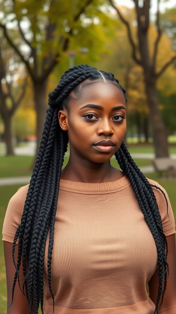 A woman with knotless braids in a natural finish, standing outdoors.