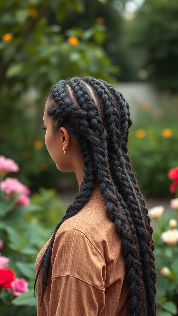 A woman with long knotless braids in a garden setting, showcasing a natural hairstyle.
