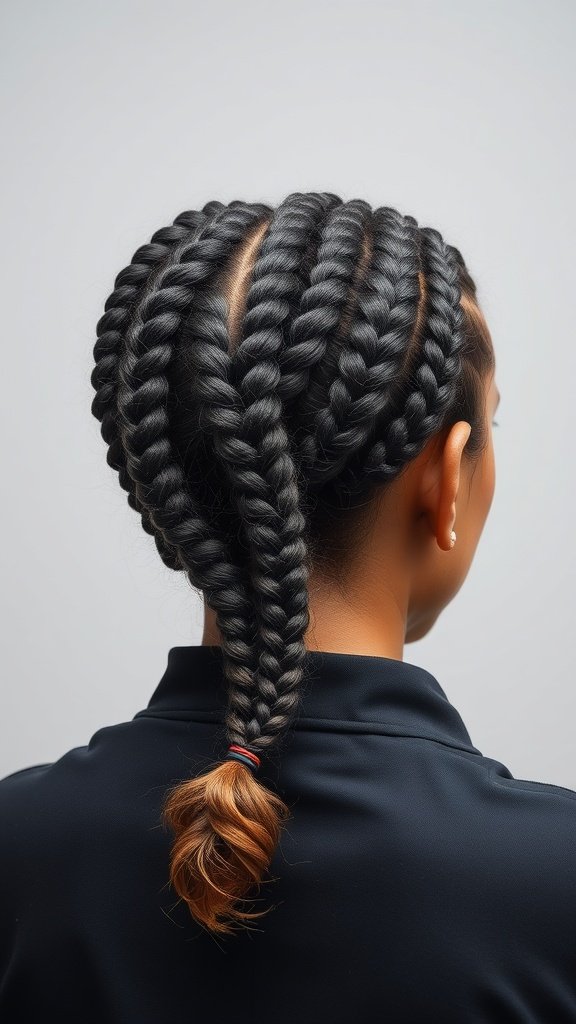 A close-up view of a person's back with short bohemian knotless braids styled neatly.